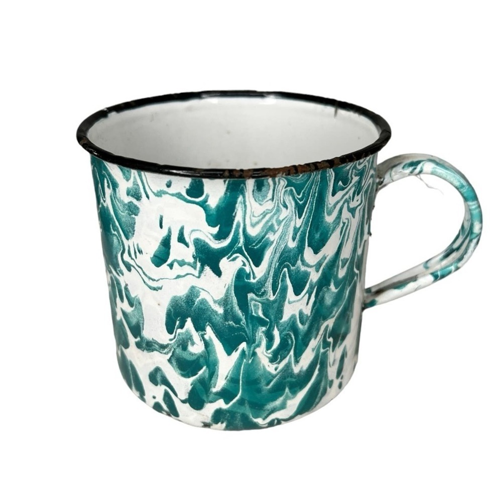 Vintage Graniteware Cup Green & White Swirl Black Rim‎ Mug Teacup Coffee